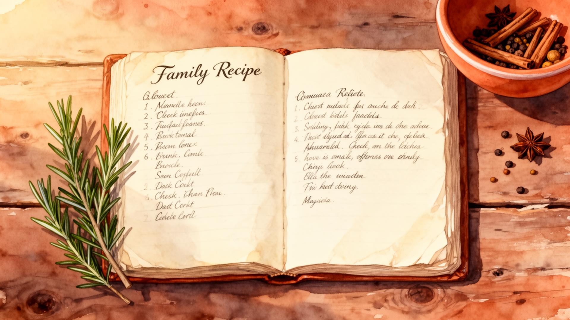An open family recipe book on a wooden table with rosemary and spices